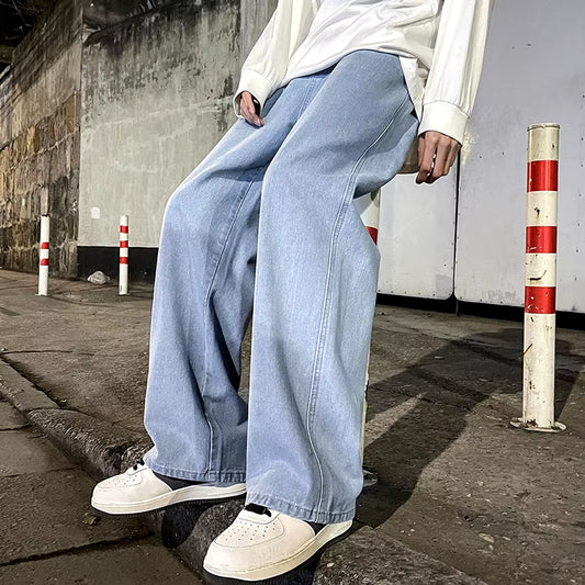 2024 New Streetwear Loose Jeans Men Korean Style Fashion Loose Straight Wide Leg Pants Men'S Brand Clothing Black Light Blue